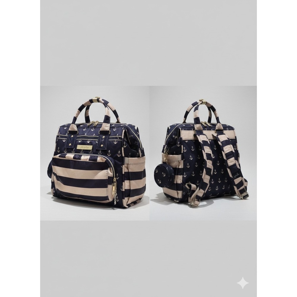 JuJuBe Commodore Tan Navy Size Large Nautical Anchor Stripes Diaper Bag Travel